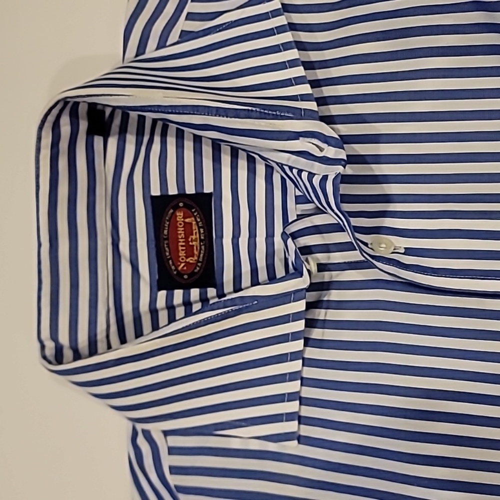 Northshore Striped Wide Collar French Cuff Dress Shirt Blue White 17 34 - Picture 5 of 13